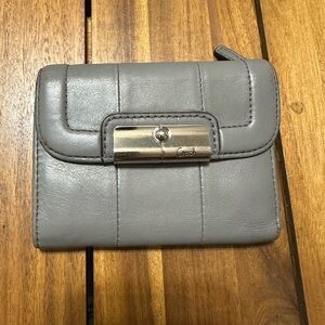 Coach Gray Leather Compact Wallet with Gold Turnlock Detail